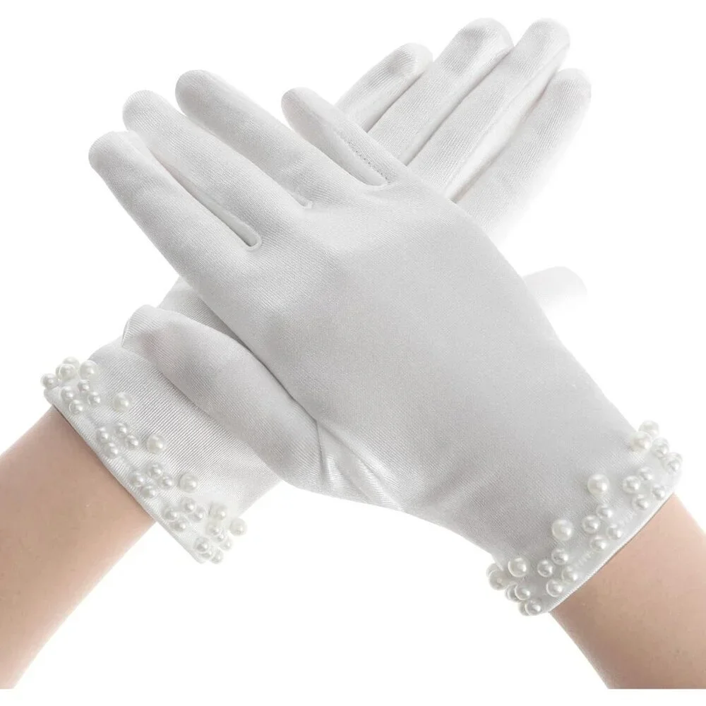 Women's White Elegant Fashion Pearl Fabric Satin Gloves Wedding Party Tea Prom
